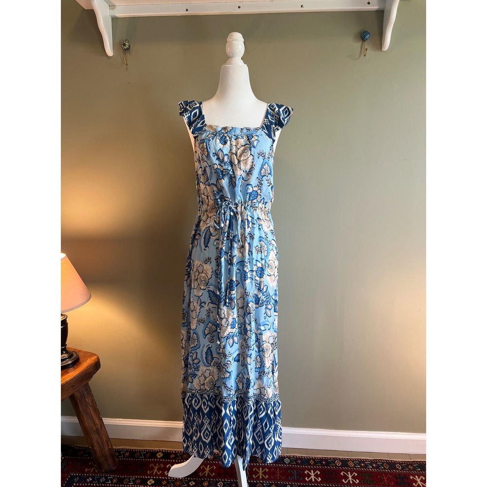 Casa Cabana Blue Floral Ruffle Maxi Dress XS Boho Drawstring Waist Slit Hem